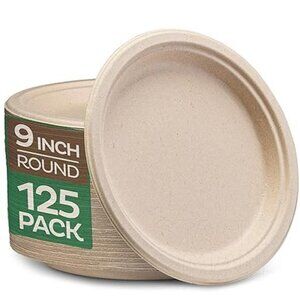 100%Compostable Paper Plates,HeavyDuty Disposable Plates [125-Pack] 9Inch Plates